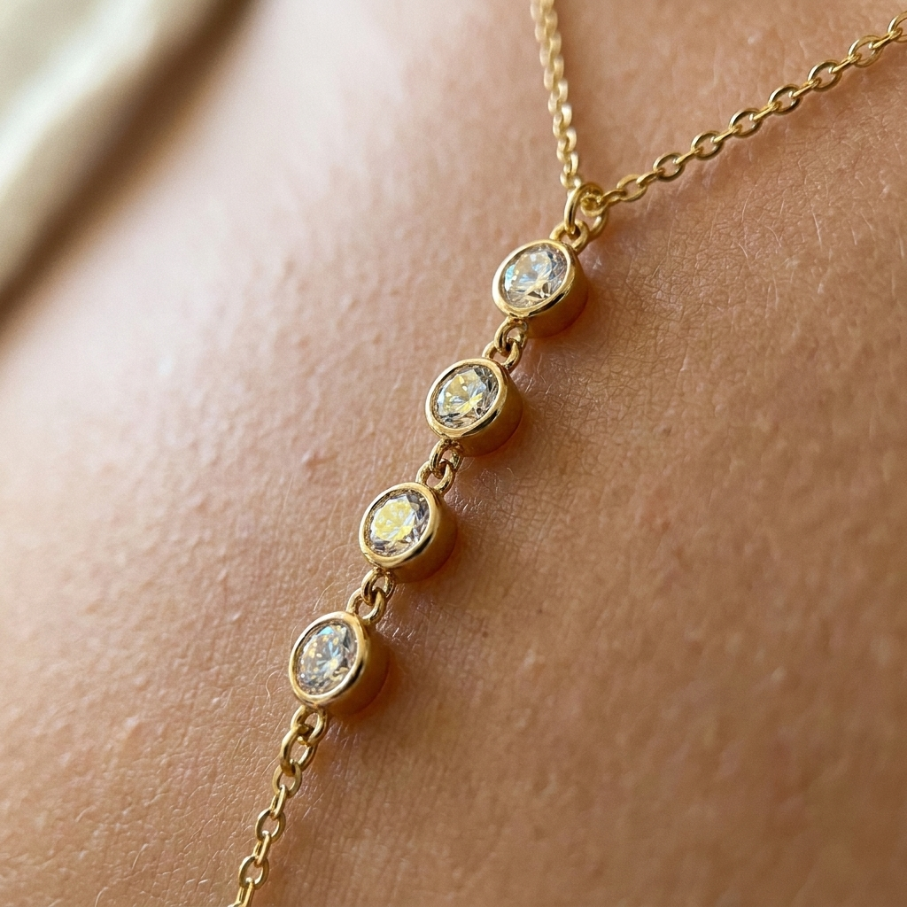 Crystal Lariat Y Necklace – Dainty CZ Bezel Drop Chain Gold Silver Layering Jewelry