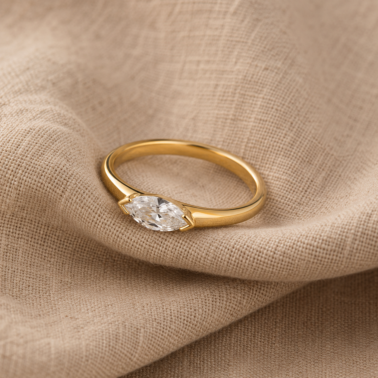 Gold Marquise CZ Ring – Dainty Minimalist Wedding Band, Stackable Promise Ring for Women