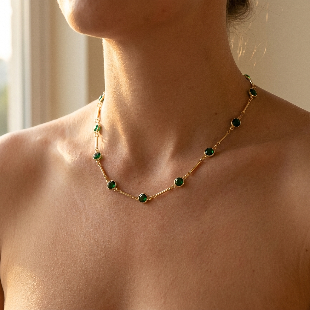 Green Stone Station Necklace – Dainty Gold Silver Chain Choker, Minimalist Gift for Her