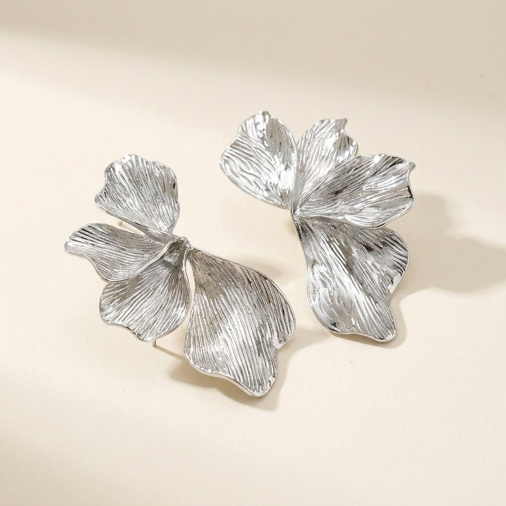 Large Flower Petal Earrings – Textured Statement Drop, Stainless Steel Floral Earrings for Her