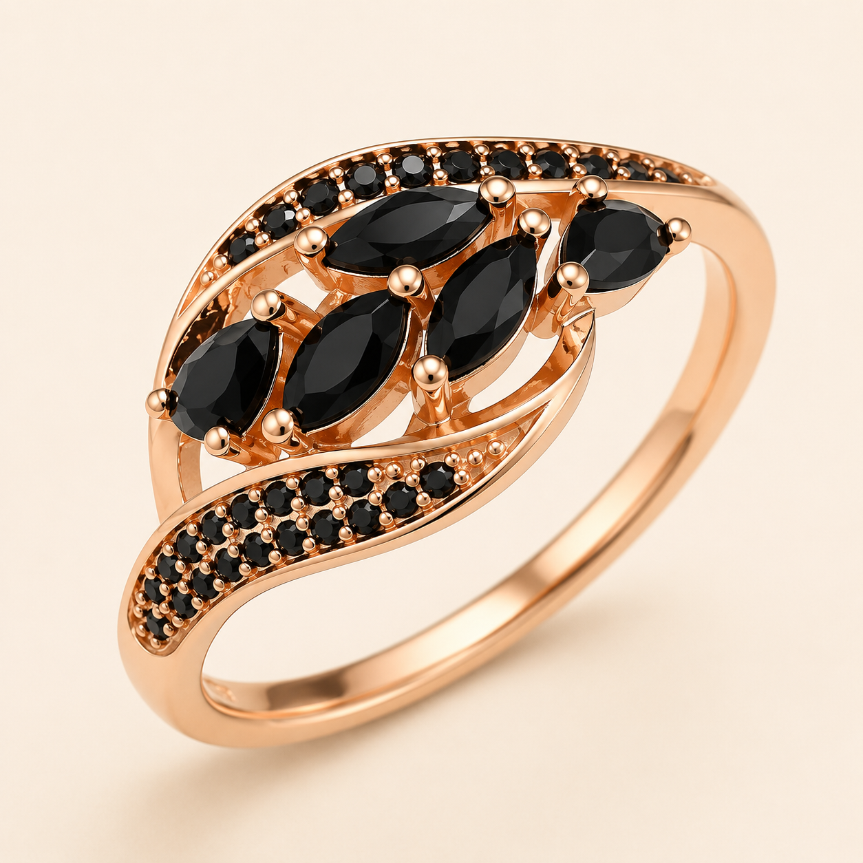 Rose Gold Black Zircon Cluster Ring – Marquise Stone Pavé Statement Ring for Women