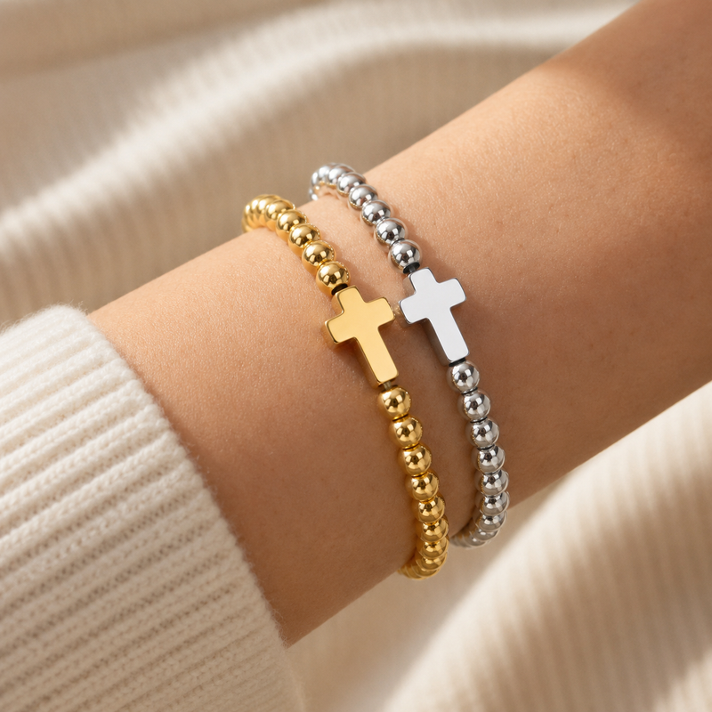 Cross Beaded Stretch Bracelet – Dainty Gold Silver Layering Bracelet, Gift for Her
