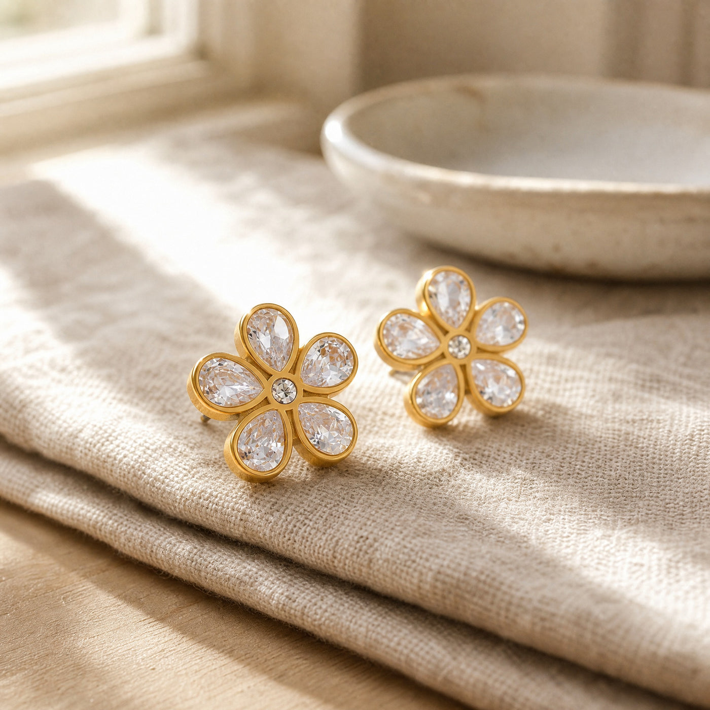 Gold CZ Flower Stud Earrings – Bezel-Set Crystal Daisy Gold Studs, Gift for Her