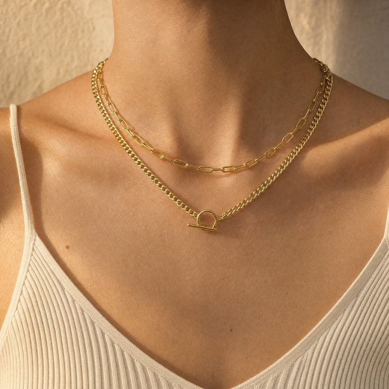 Gold Layered Chain Necklace – Cuban Link Paperclip Toggle Clasp, 14k Gold Plated Gift for Her