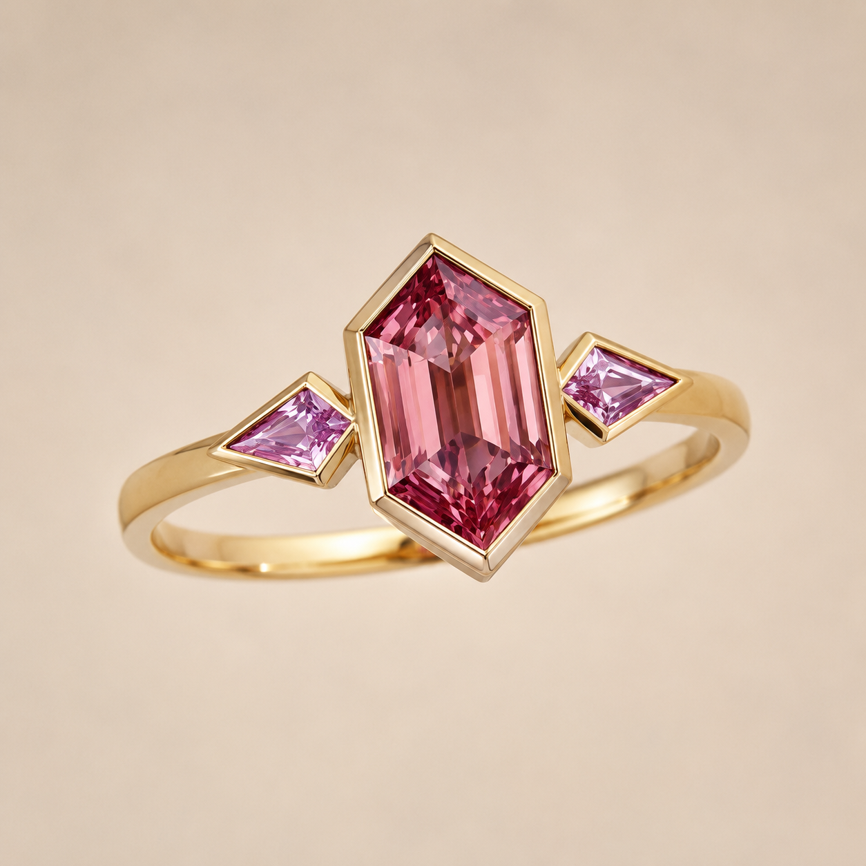 Gold Pink CZ Geometric Ring – Dainty Gold Statement Ring, Minimalist Engagement Jewelry for Women