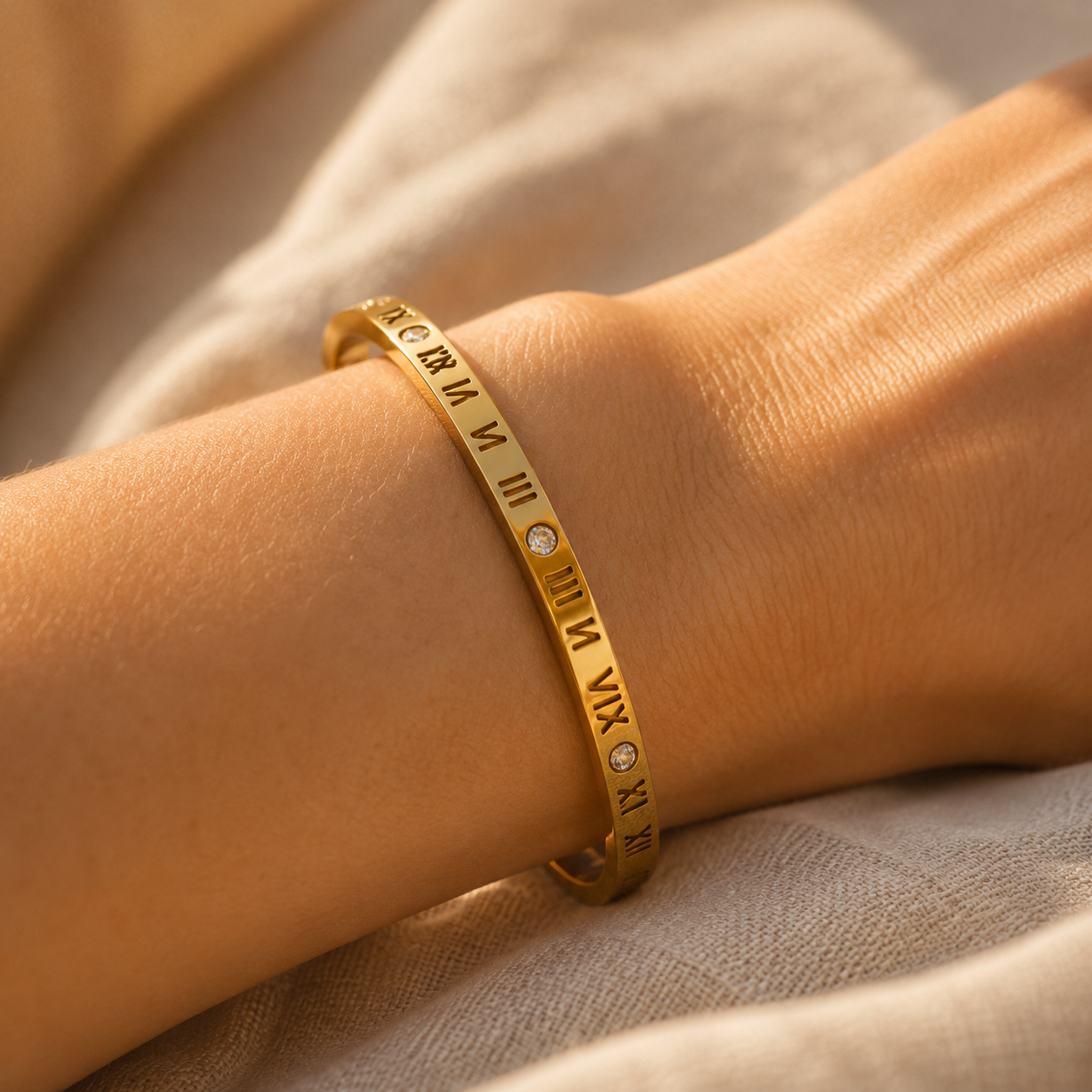 Roman Numeral Bangle Bracelet – CZ Stone Slim Cuff, Dainty Stacking Bracelet Gift for Her