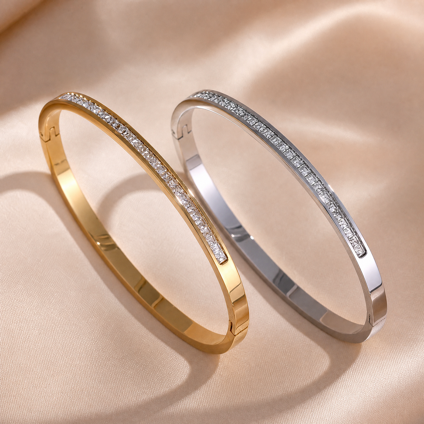 Pavé CZ Bangle Bracelet – Dainty Stackable Crystal Inlay Gold Silver Bracelet, Gift for Her