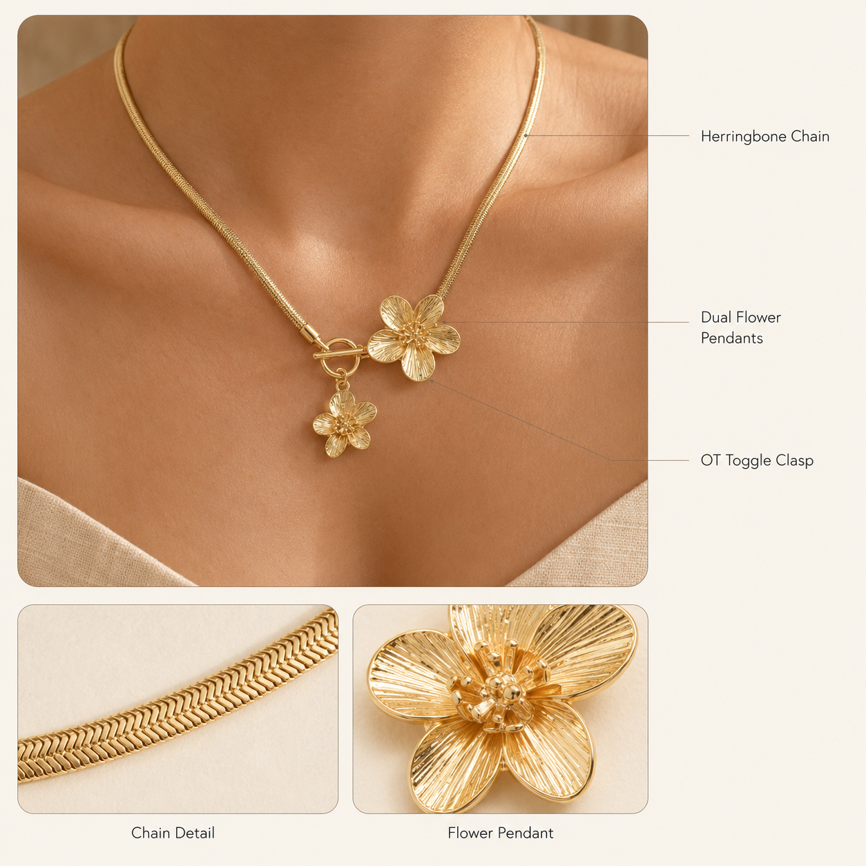 Gold Flower Snake Chain Choker – OT Toggle Floral Pendant Necklace, Gift for Her