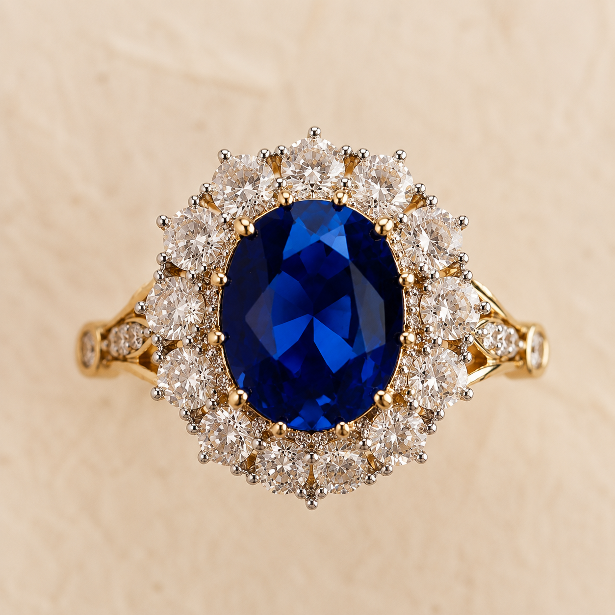 Blue Oval CZ Halo Ring – Gold Sapphire-Look Statement Ring for Women