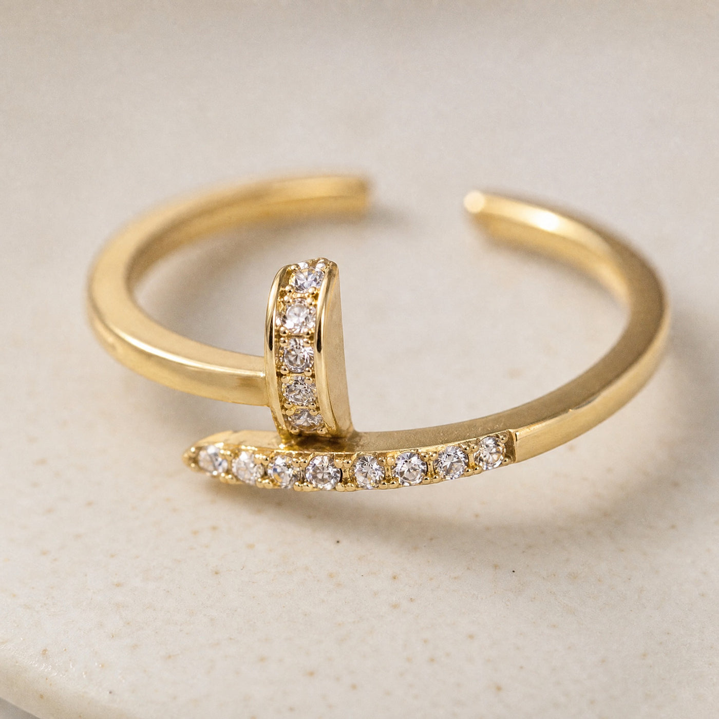 Gold Pavé Nail Ring – Dainty Open Band CZ Plated Ring for Women
