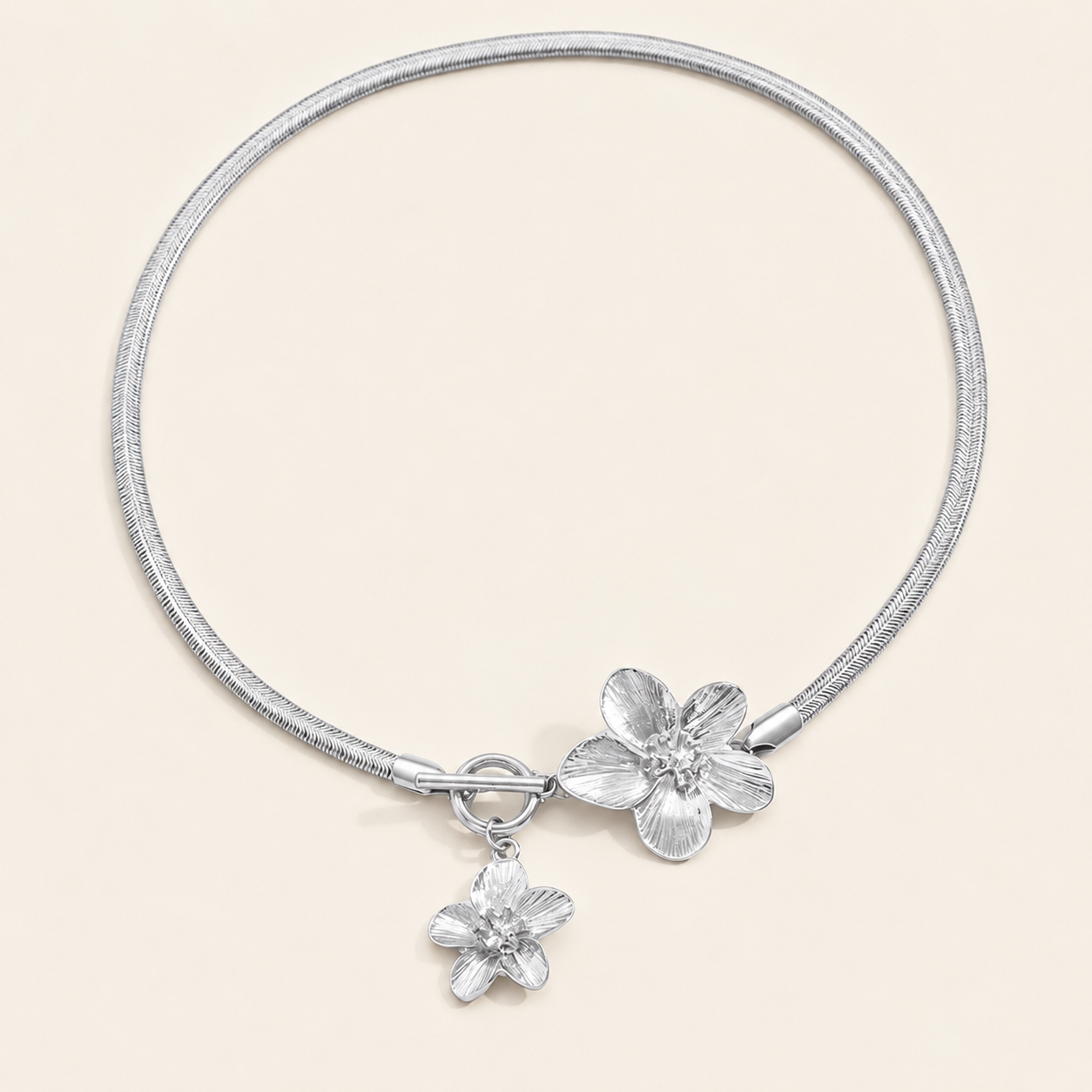 Gold Flower Snake Chain Choker – OT Toggle Floral Pendant Necklace, Gift for Her