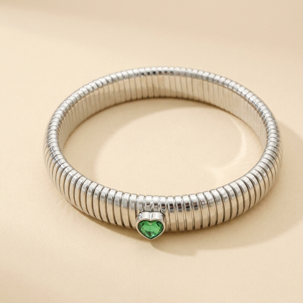 Tubogas Heart Bracelet – Retro Ribbed Stretch Bangle, Dainty Gift for Her