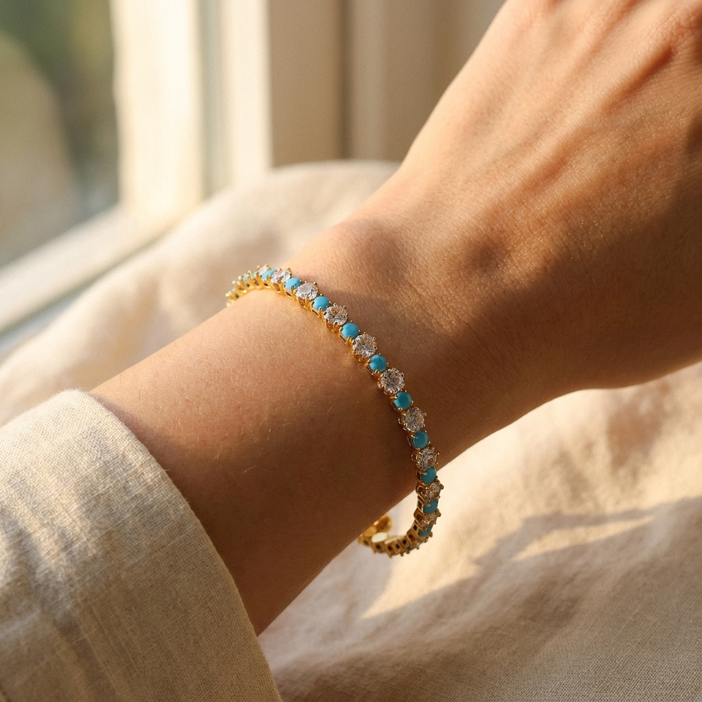 Turquoise CZ Gold Bangle – Dainty Pavé Tennis Bracelet, Boho Layering Jewelry Gift for Her