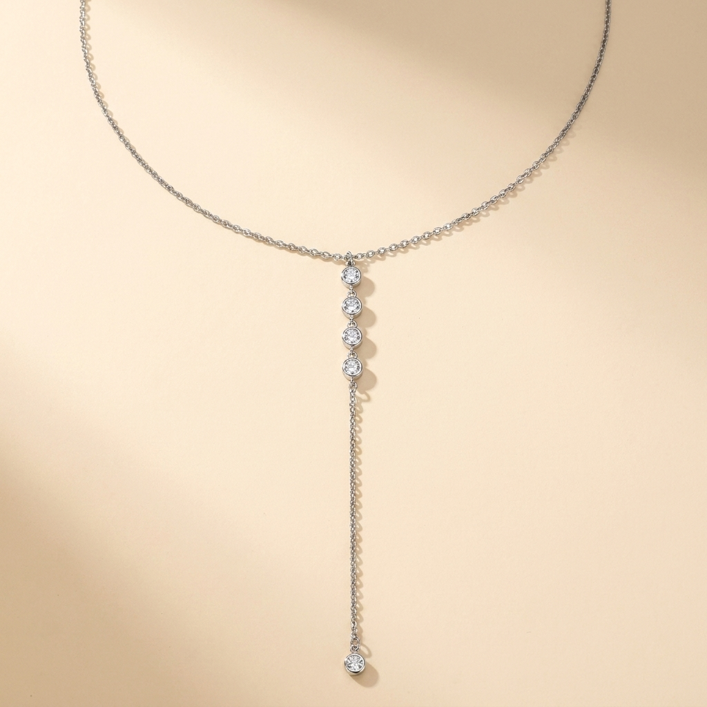 Crystal Lariat Y Necklace – Dainty CZ Bezel Drop Chain Gold Silver Layering Jewelry