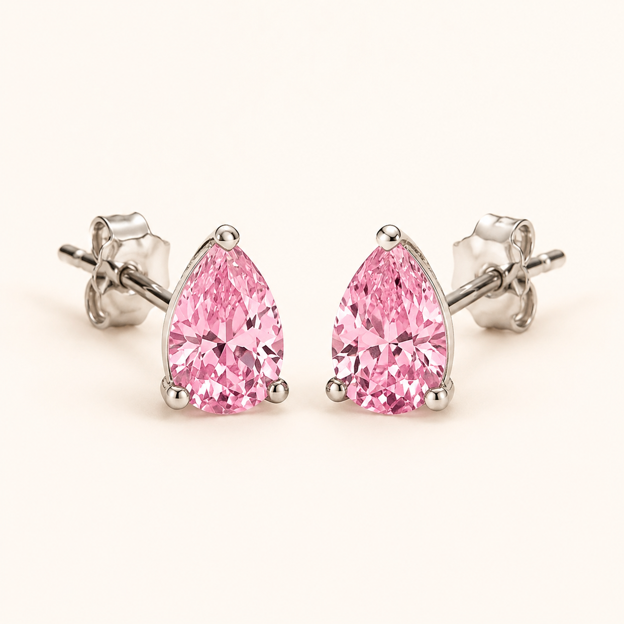 Silver Pear CZ Stud Earrings – Silver Pink Crystal Dainty Gift for Her