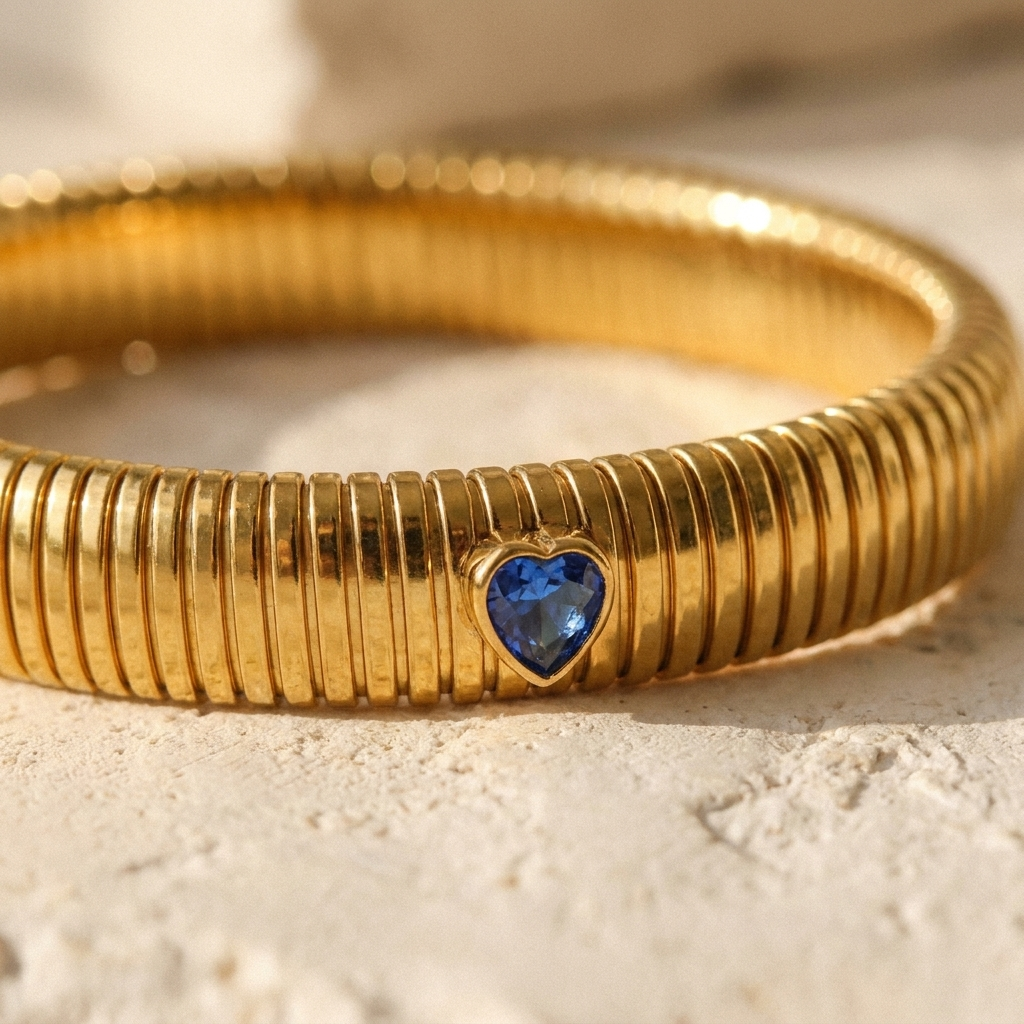 Tubogas Heart Bracelet – Retro Ribbed Stretch Bangle, Dainty Gift for Her
