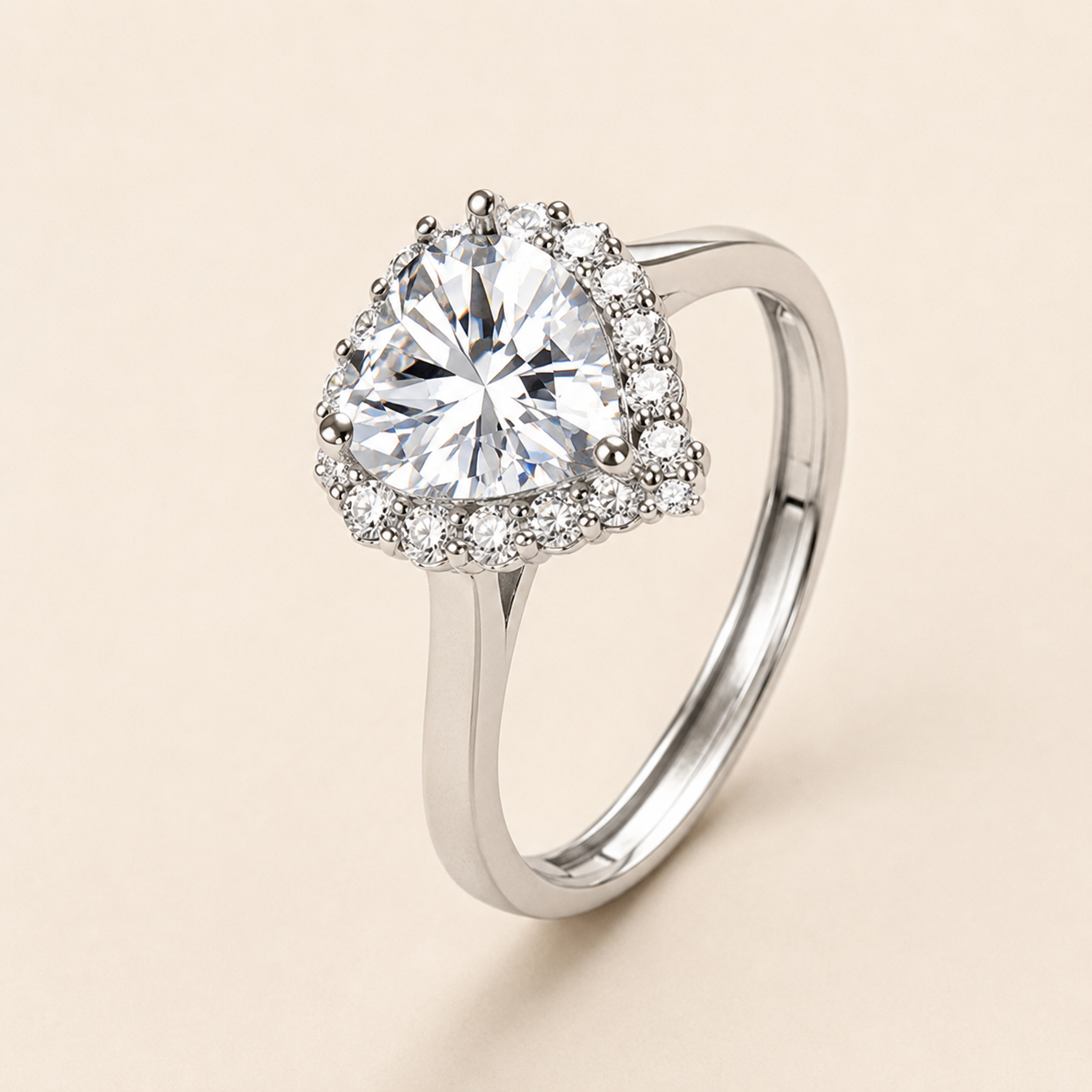 Silver Heart Zircon Ring – Adjustable Open Band, Pavé Halo CZ, Dainty Romantic Gift for Her