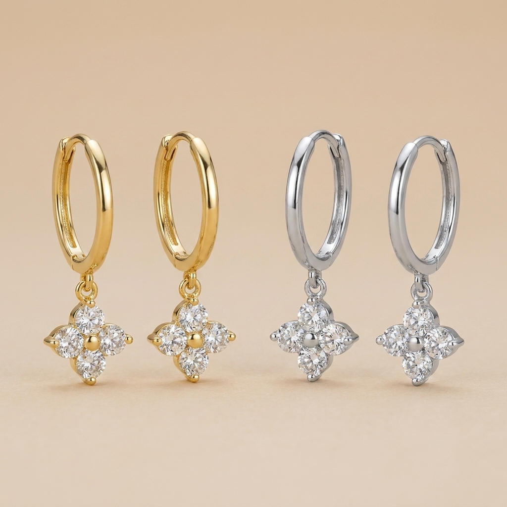Pavé Clover Hoop Earrings – Dainty CZ Charm Huggie Hoops, Gift for Her