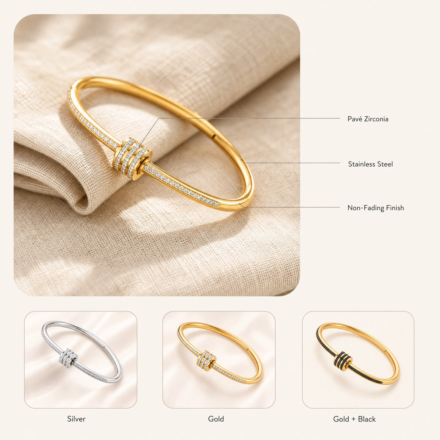 Zirconia Stainless Steel Cuff Bangle – Stackable Gold Silver Bracelet, Minimalist Gift for Women