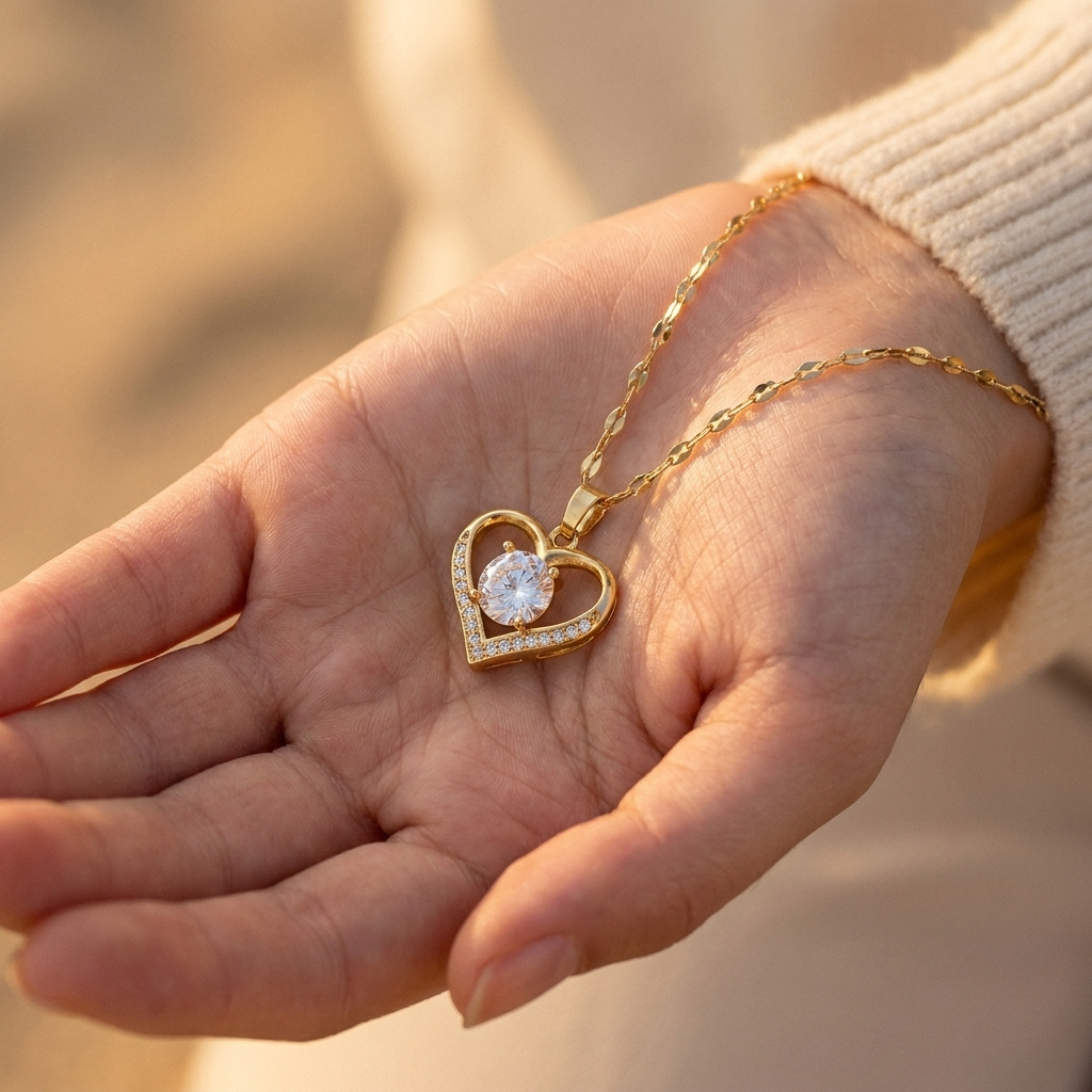 Gold Heart Pendant Necklace – Pavé CZ Dainty Chain, Gift for Her, Women Girls