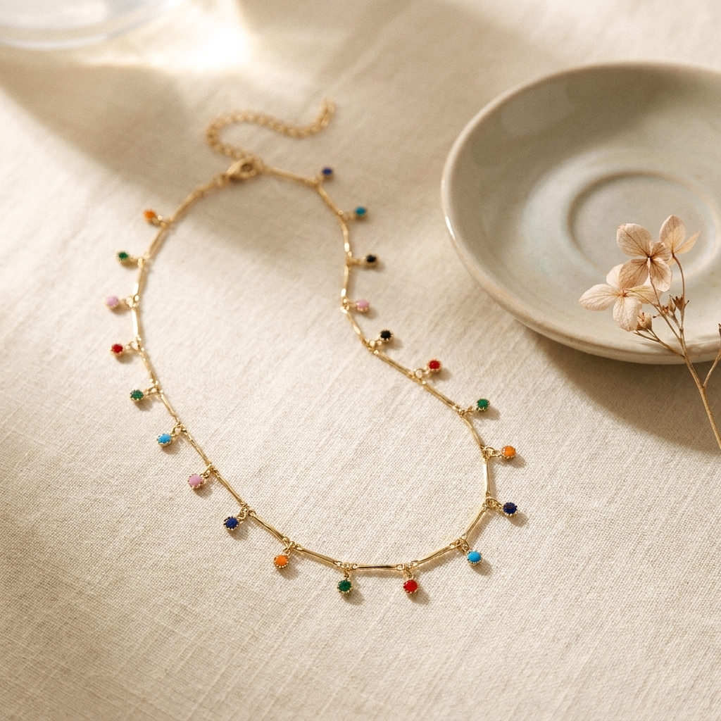 Multicolor Charm Choker Necklace – Dainty Gold Silver Colorful Bead Tassel Chain, Gift for Her