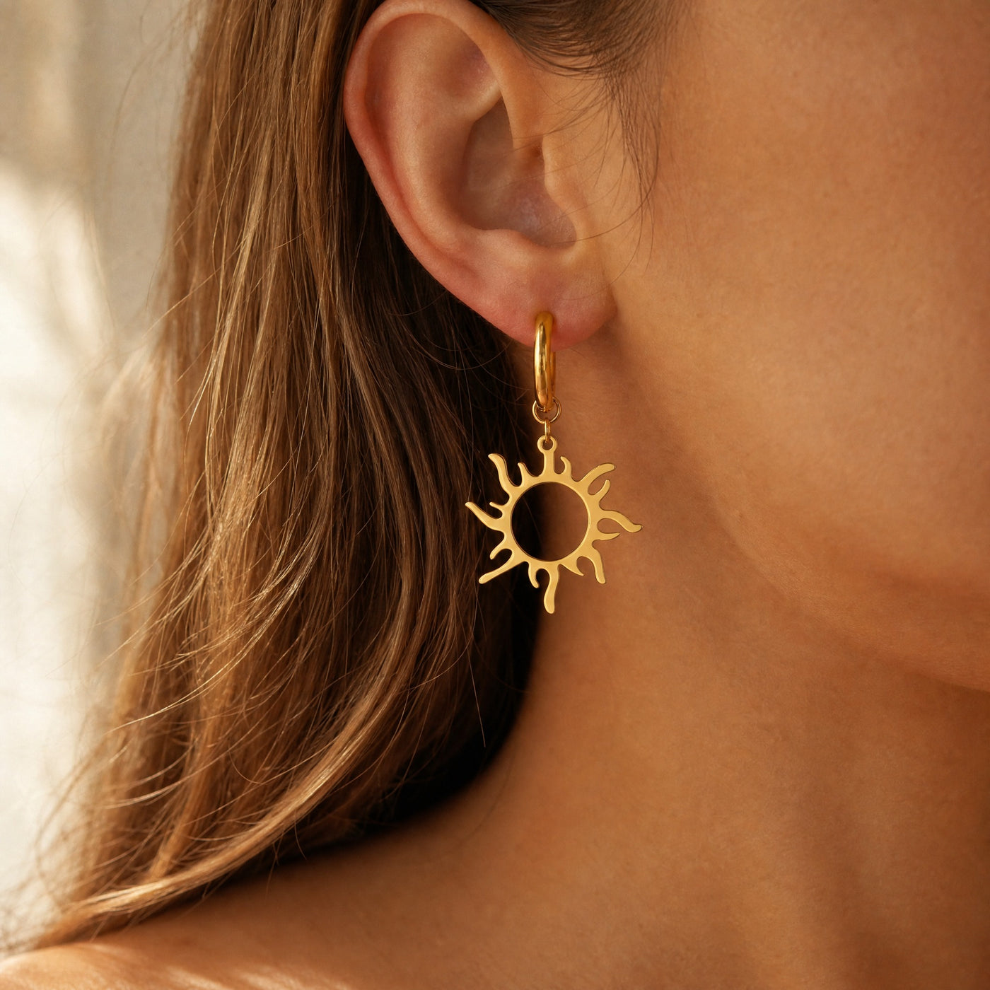 Gold Sun Charm Hoop Earrings – Dainty Celestial Drop Earrings, Boho Gift for Her