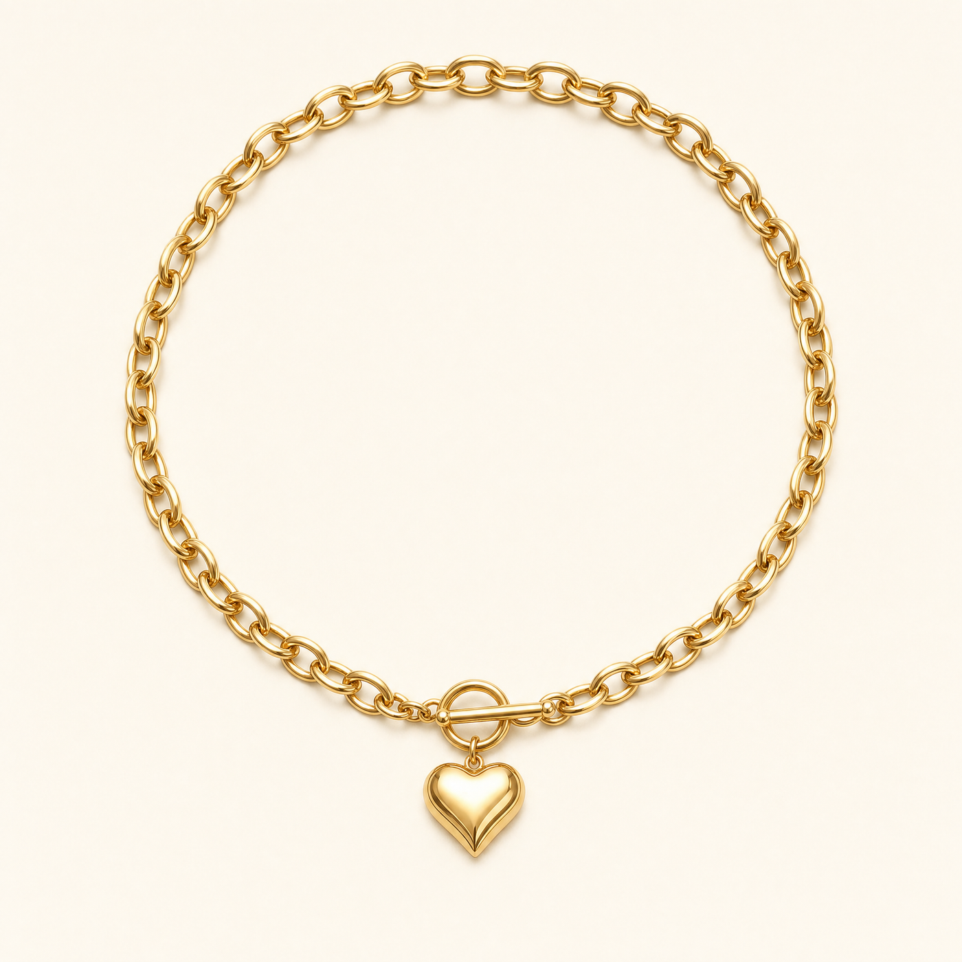 Puffy Heart Toggle Necklace – Gold Silver Chain Choker, Heart Charm Necklace Gift for Her
