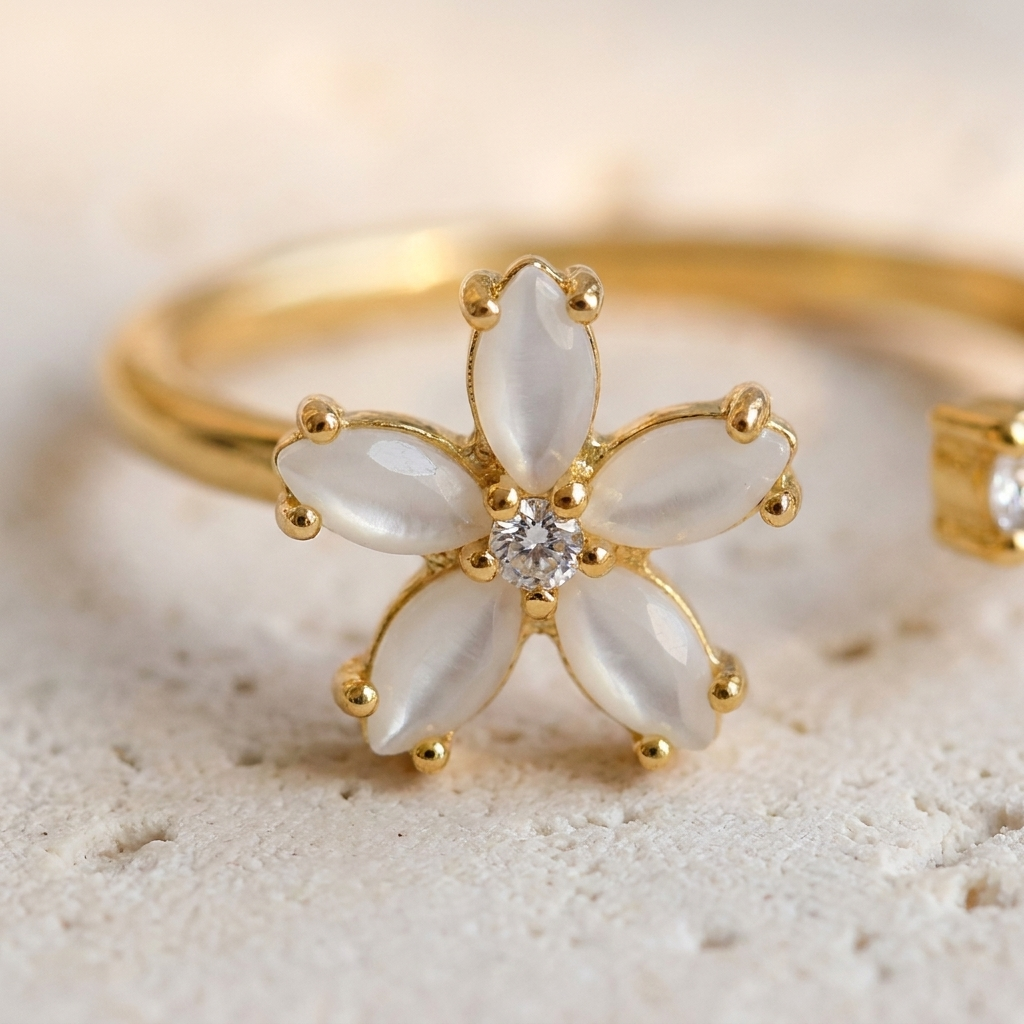 Gold Flower Open Ring – White Opal Petal CZ Adjustable Stainless Steel Ring, Gift for Her