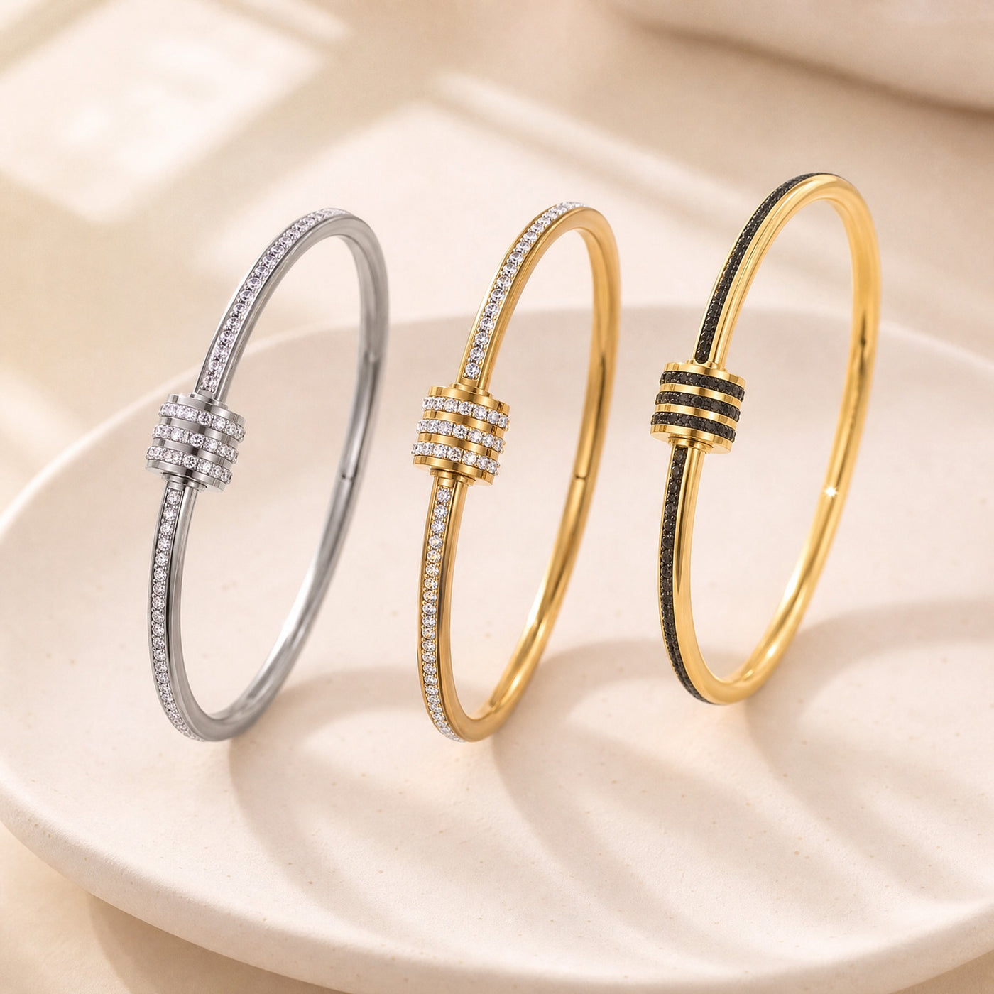 Zirconia Stainless Steel Cuff Bangle – Stackable Gold Silver Bracelet, Minimalist Gift for Women
