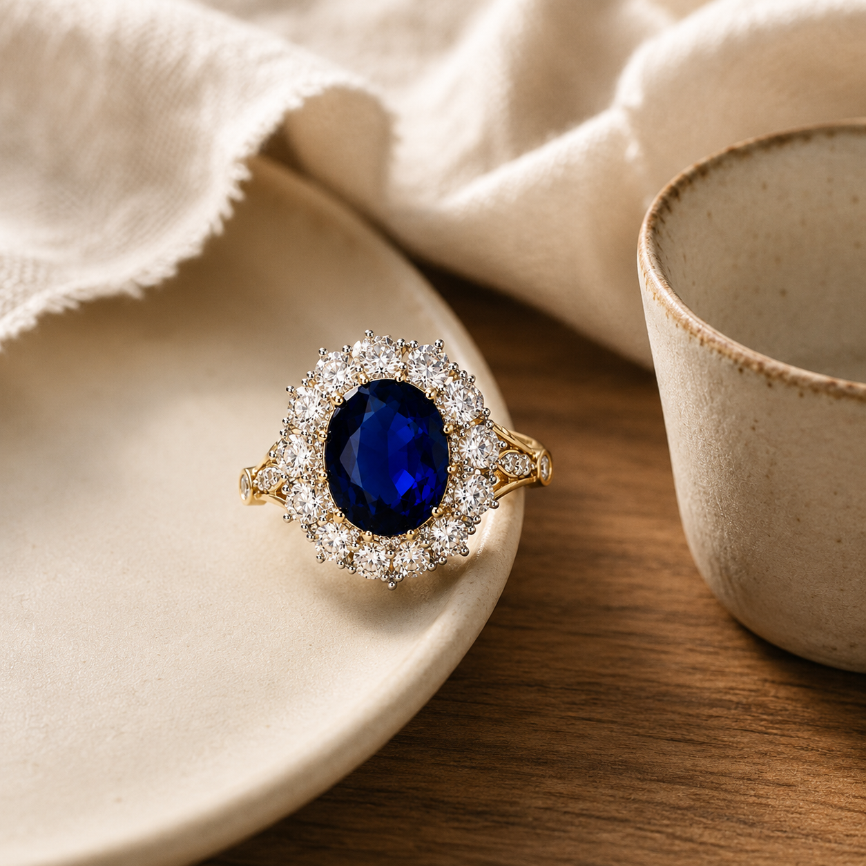 Blue Oval CZ Halo Ring – Gold Sapphire-Look Statement Ring for Women