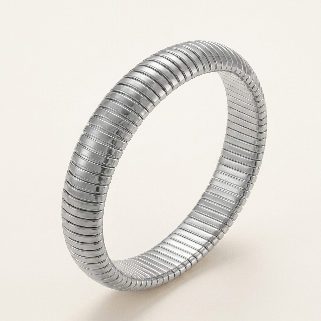 Gold Ribbed Cuff Bracelet – Elastic Stainless Steel Retro Bangle, Unisex Gift
