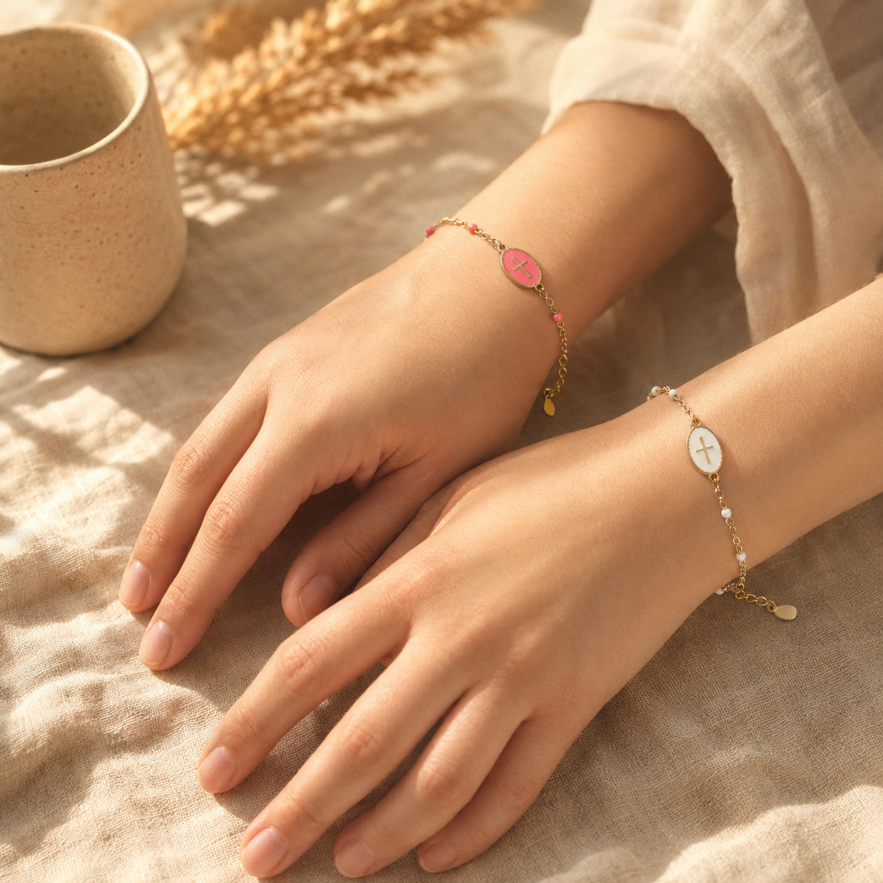 Gold Cross Charm Bracelet – Dainty Enamel Beaded Chain, Adjustable Faith Jewelry for Women