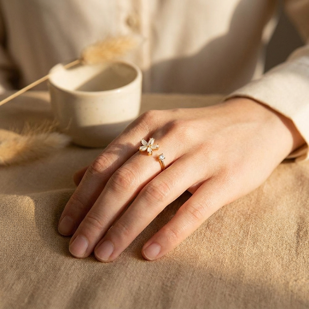 Gold Flower Open Ring – White Opal Petal CZ Adjustable Stainless Steel Ring, Gift for Her