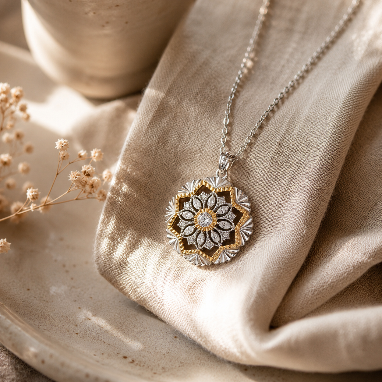 Two-Tone Floral Mandala Pendant Necklace – Dainty Gold Silver CZ Flower Necklace for Women