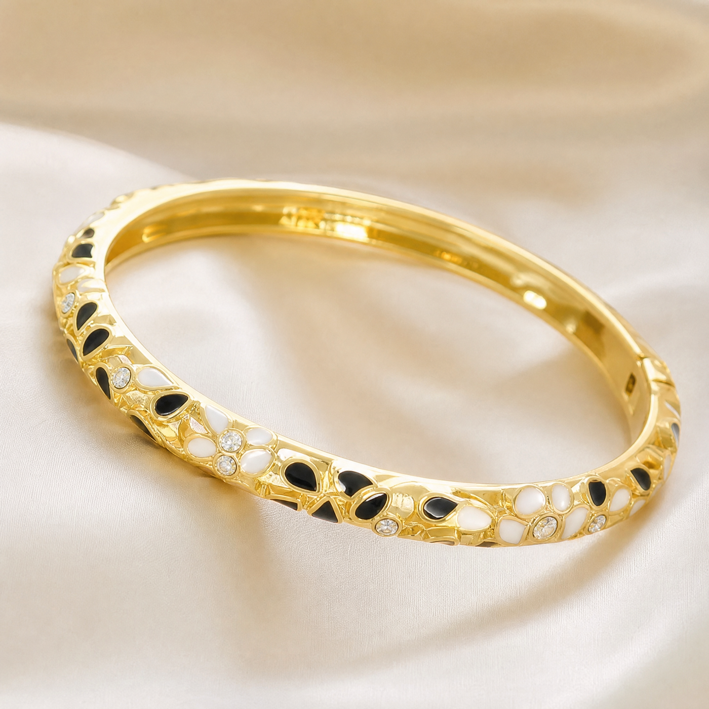 Gold Enamel Flower Bangle – Vintage Floral Copper Bracelet, Dainty Gift for Her