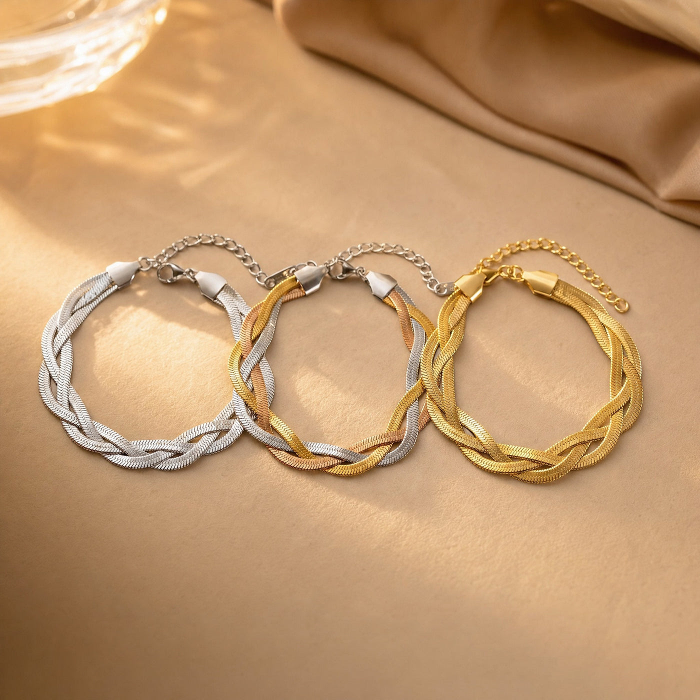 Braided Herringbone Bracelet – Gold Silver Woven Snake Chain Bracelet for Women