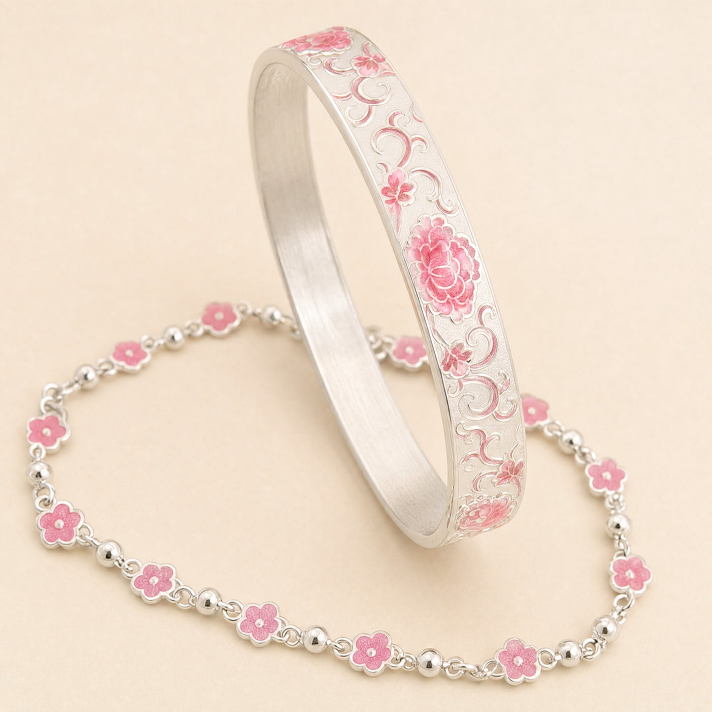 Pink Floral Enamel Bracelet Set – Silver-Tone Bangle and Flower Chain Bracelet