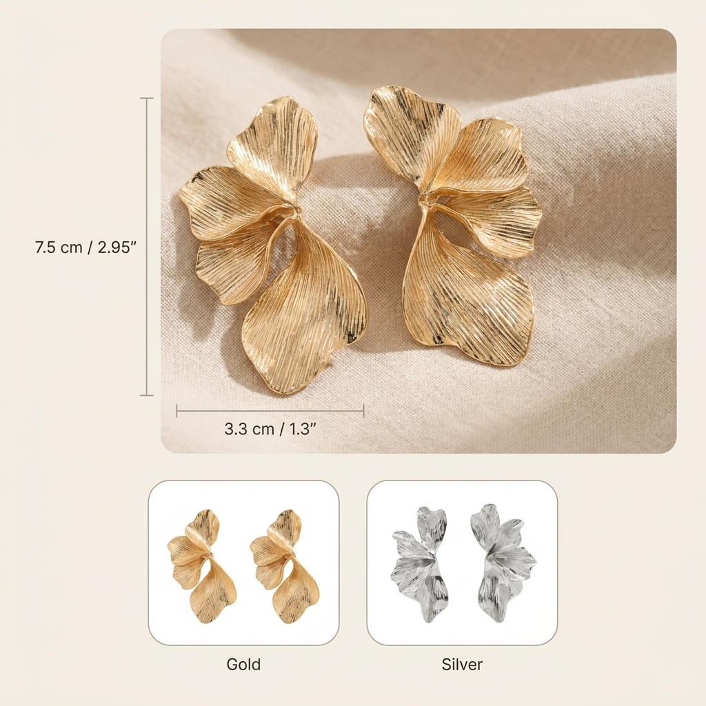 Large Flower Petal Earrings – Textured Statement Drop, Stainless Steel Floral Earrings for Her