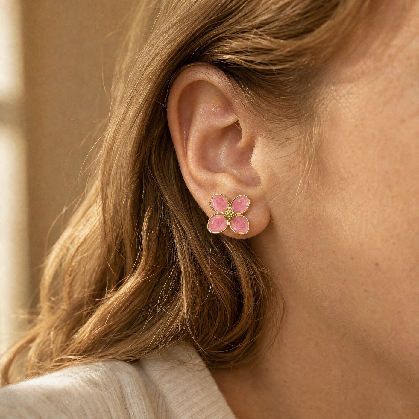 Gold Enamel Flower Stud Earrings – Dainty Floral Gold-Tone Studs, Gift for Her