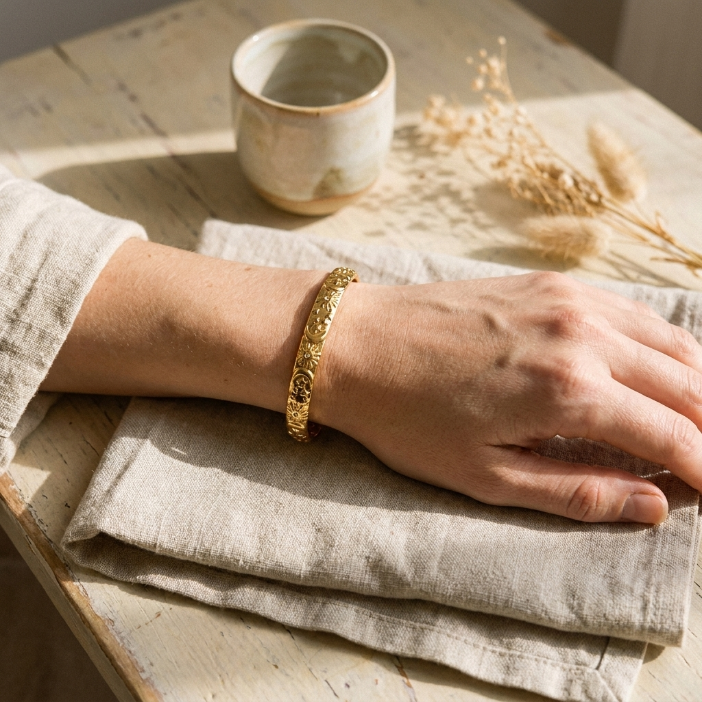 Gold Celestial Cuff Bracelet – Sun Moon Star Embossed Bangle, Stainless Steel