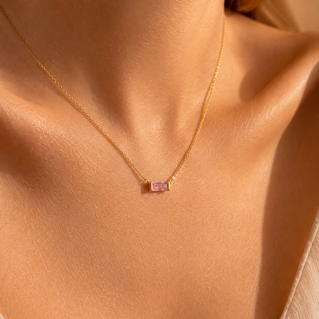 Gold Baguette Birthstone Necklace – Dainty Gold- CZ Pendant, Gift for Her