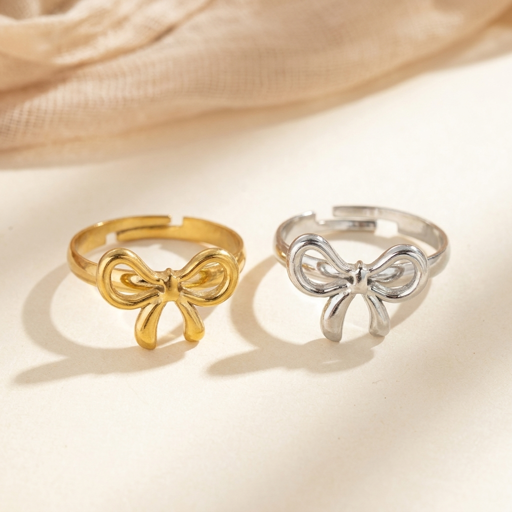 Gold Resizable Bow Ring – Dainty Adjustable Stainless Steel Ribbon Ring, Gift for Her