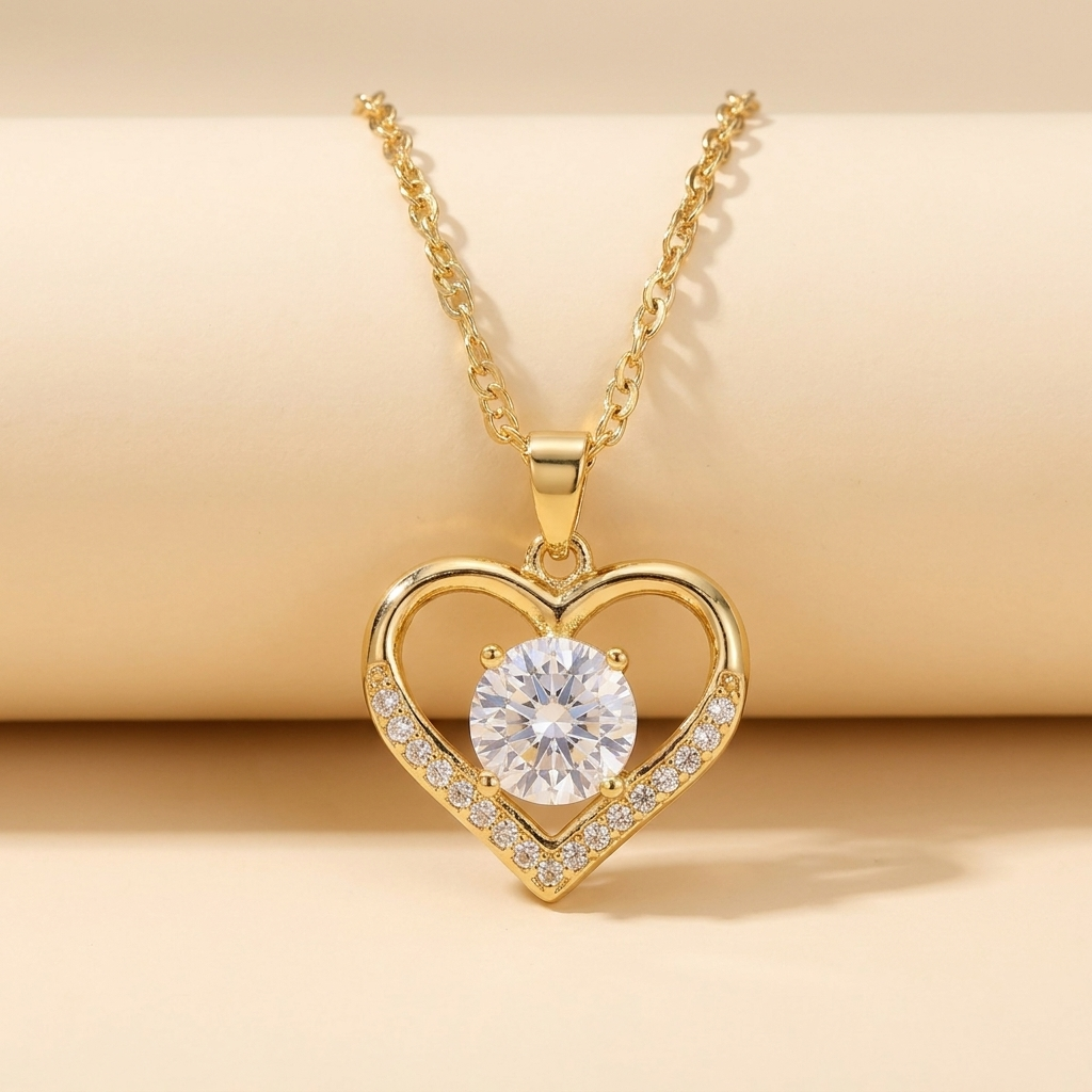 Gold Heart Pendant Necklace – Pavé CZ Dainty Chain, Gift for Her, Women Girls