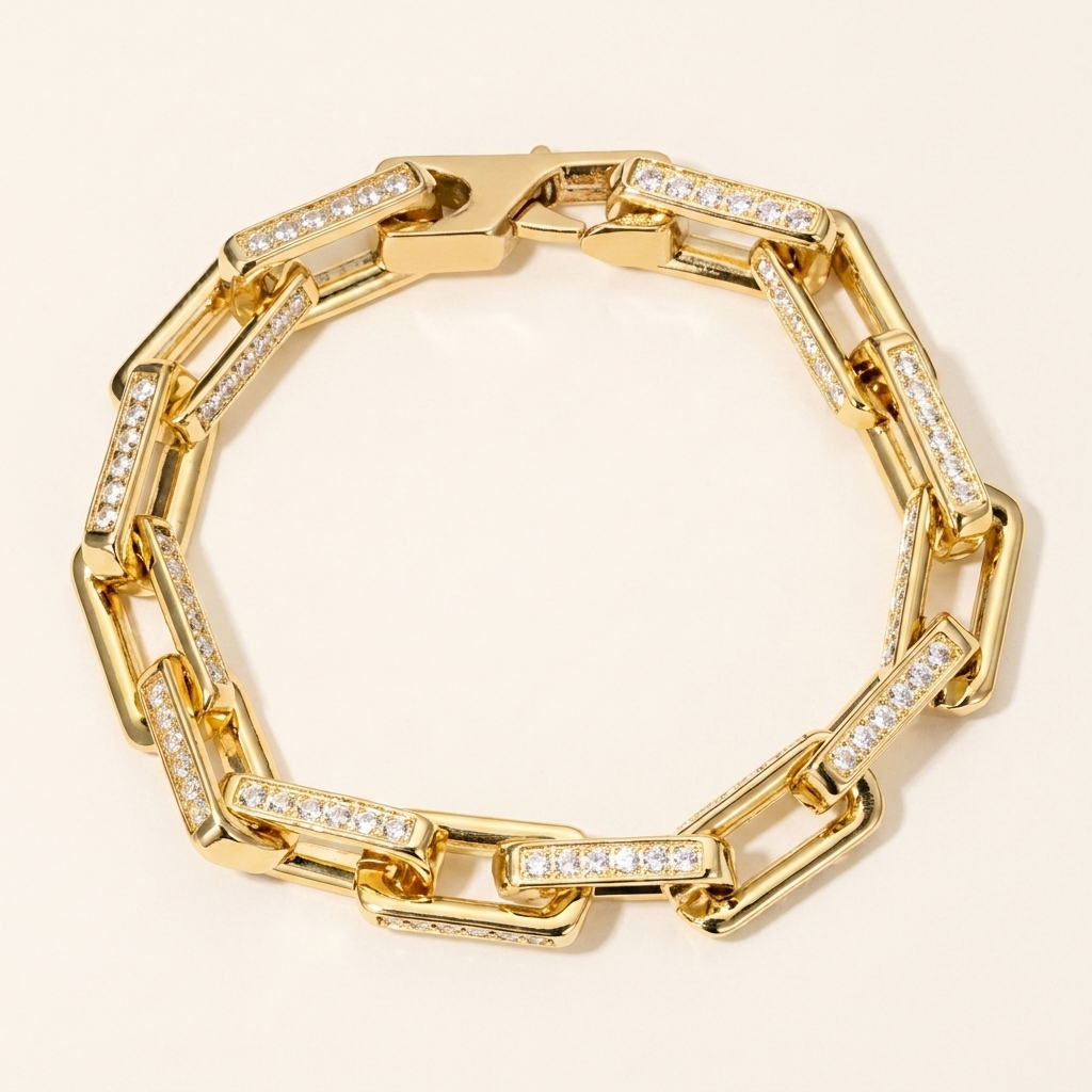 Pavé Chain Link Bracelet – CZ Rectangle Link Silver Gold Unisex Statement Bracelet
