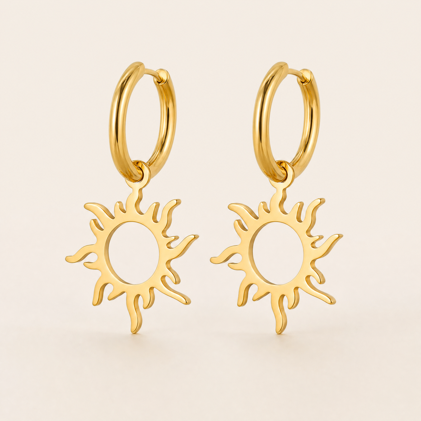 Gold Sun Charm Hoop Earrings – Dainty Celestial Drop Earrings, Boho Gift for Her