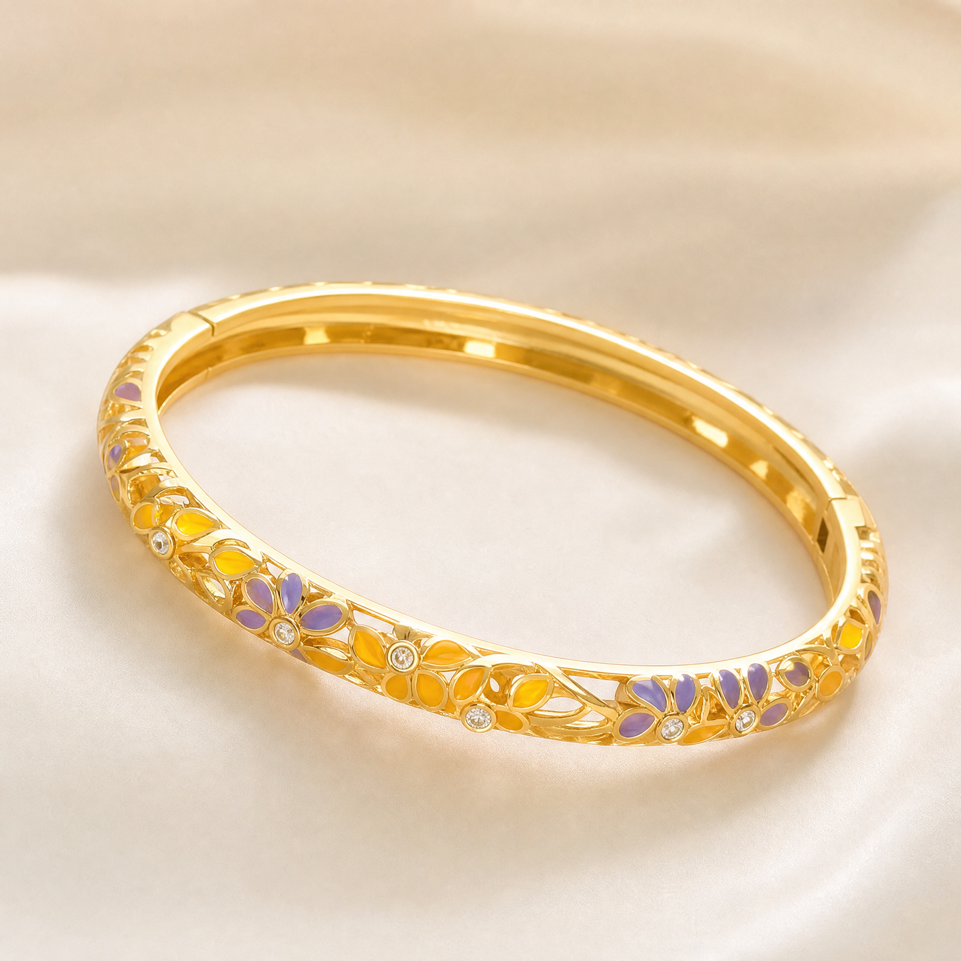 Gold Enamel Flower Bangle – Vintage Floral Copper Bracelet, Dainty Gift for Her