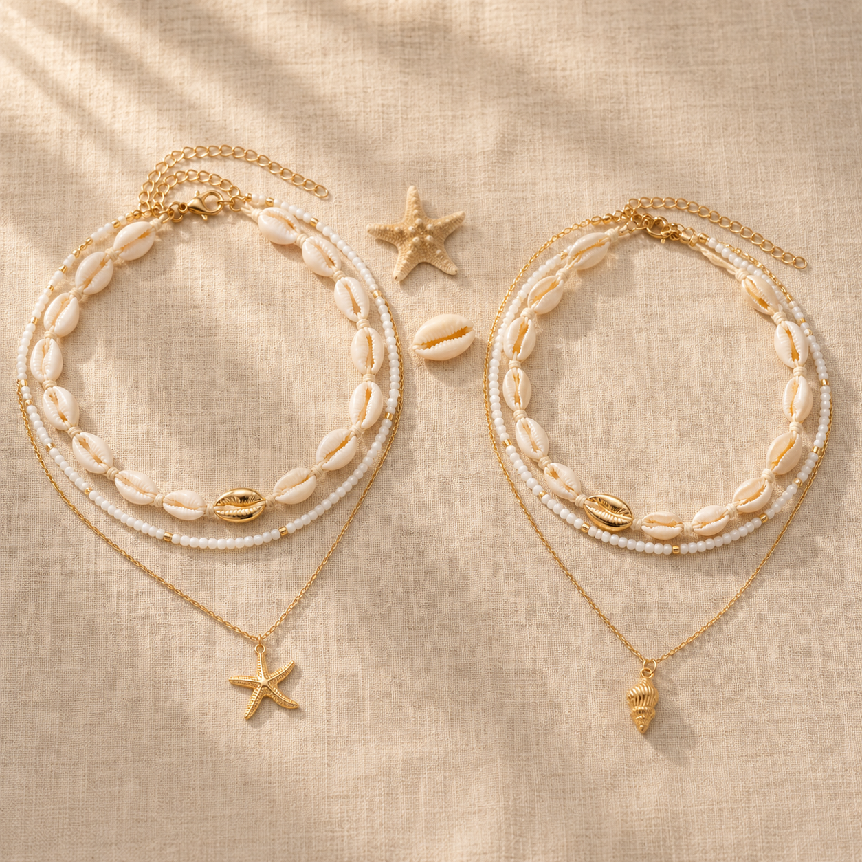 Layered Shell Starfish Necklace Set – Cowrie Choker Seed Bead Gold Boho Beach Jewelry