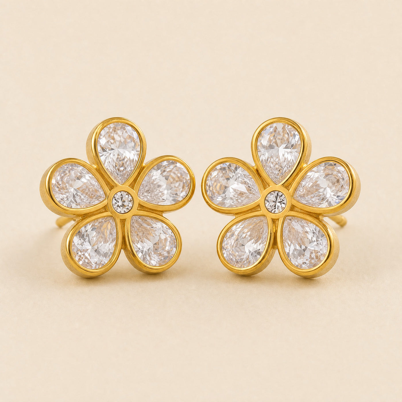 Gold CZ Flower Stud Earrings – Bezel-Set Crystal Daisy Gold Studs, Gift for Her