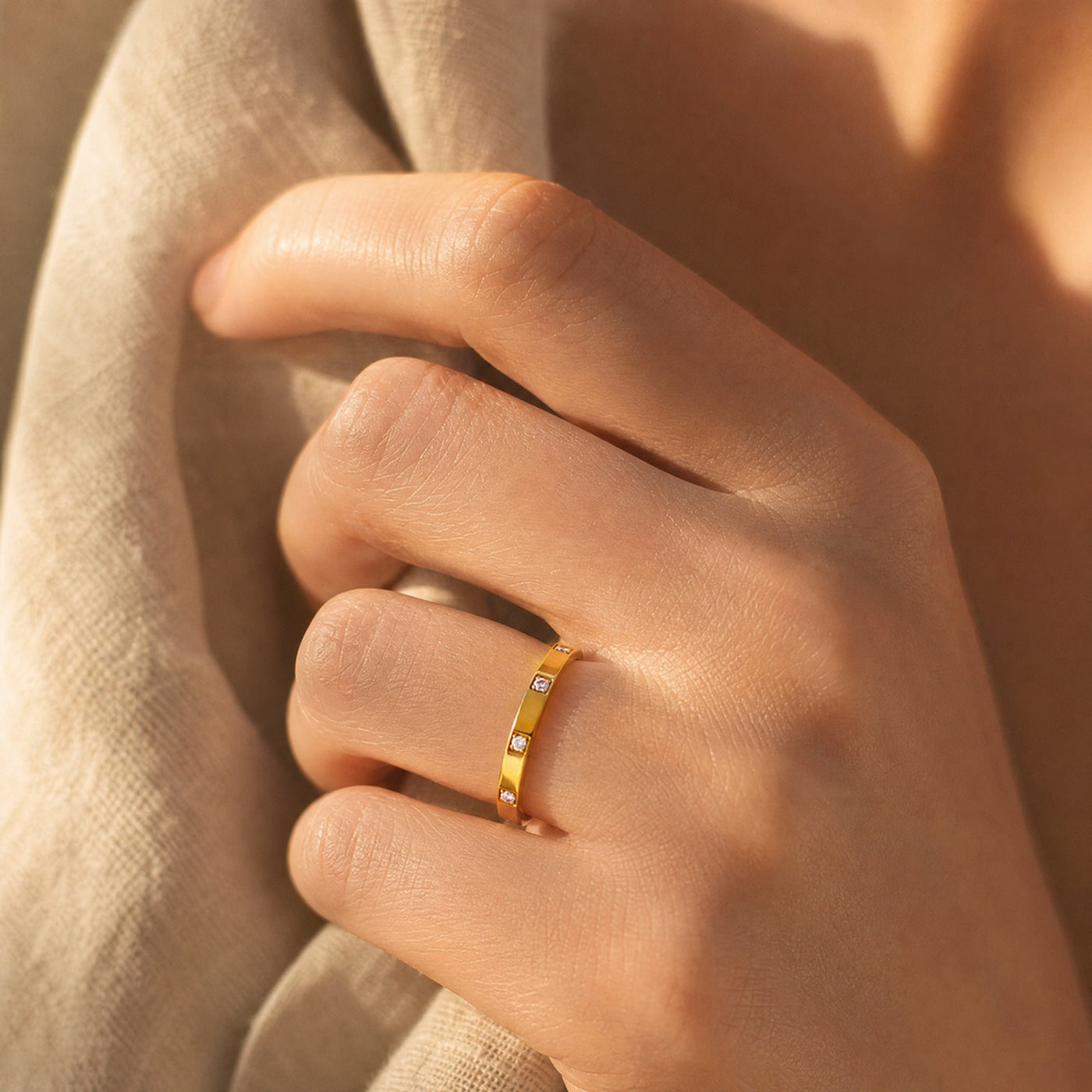 CZ Station Band Ring – Dainty Stackable Gold Silver Rose Gold Ring, Gift for Her