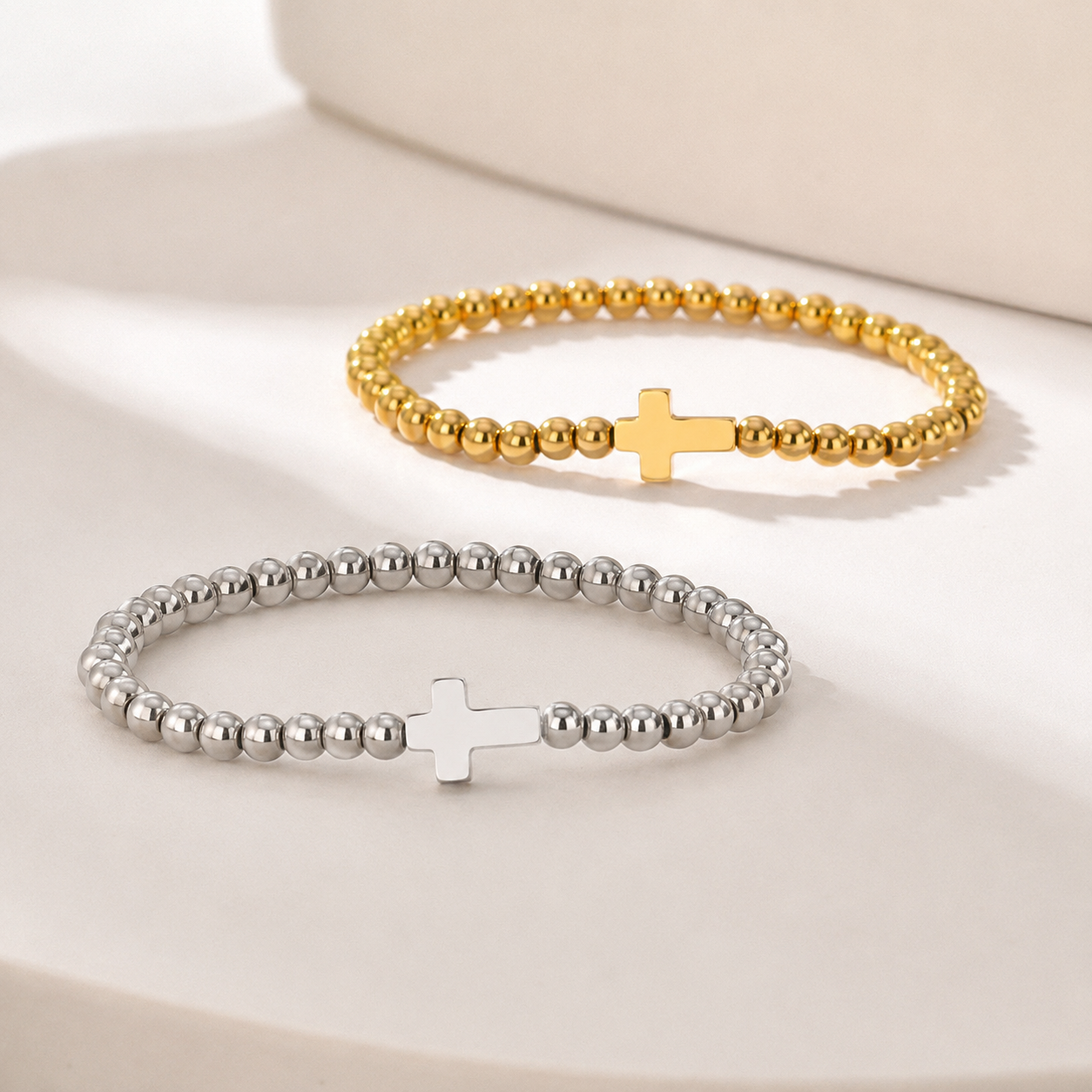 Cross Beaded Stretch Bracelet – Dainty Gold Silver Layering Bracelet, Gift for Her